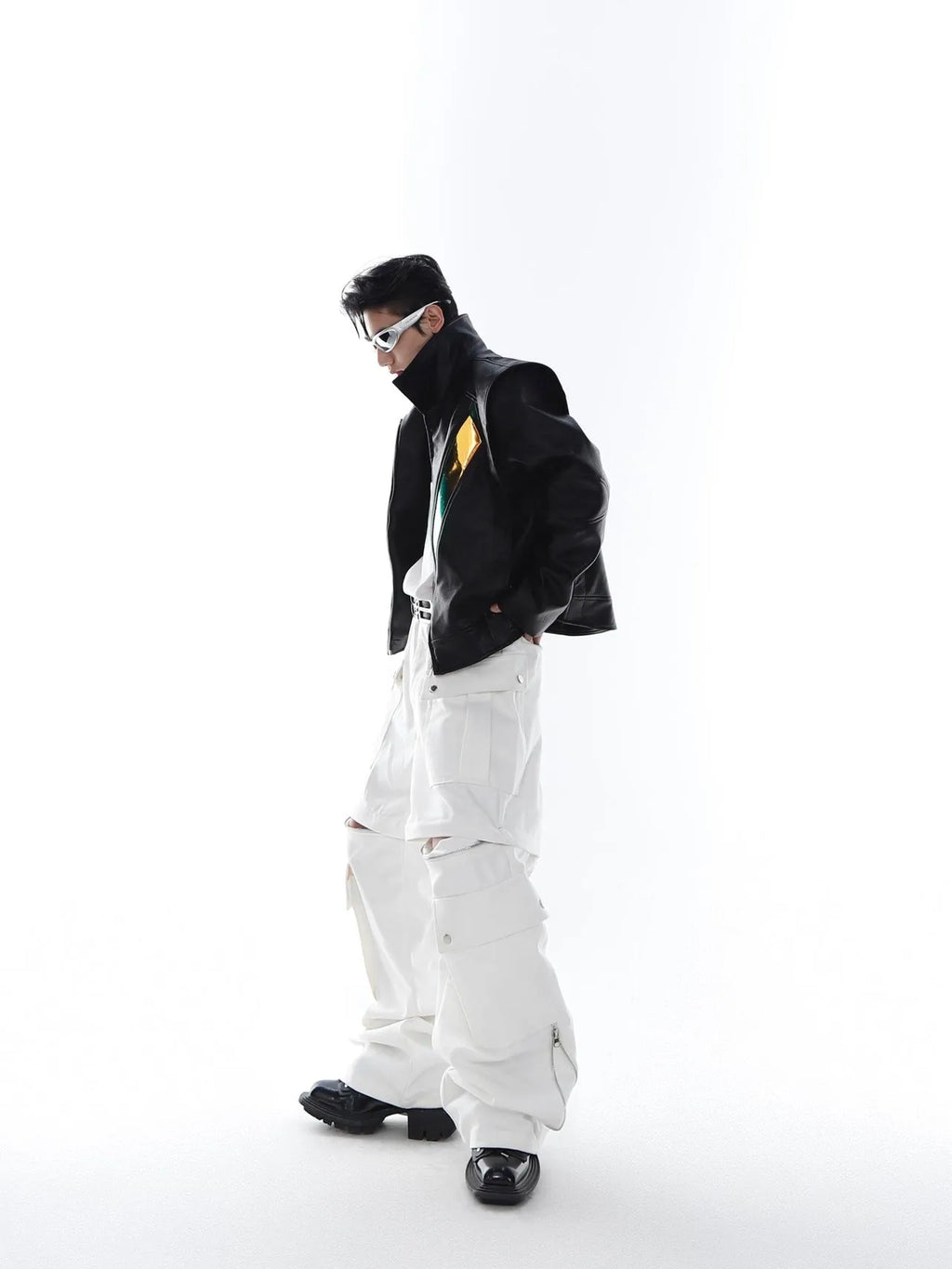 Unisex white wide leg polyester pants with metal decoration, relaxed fit, front view