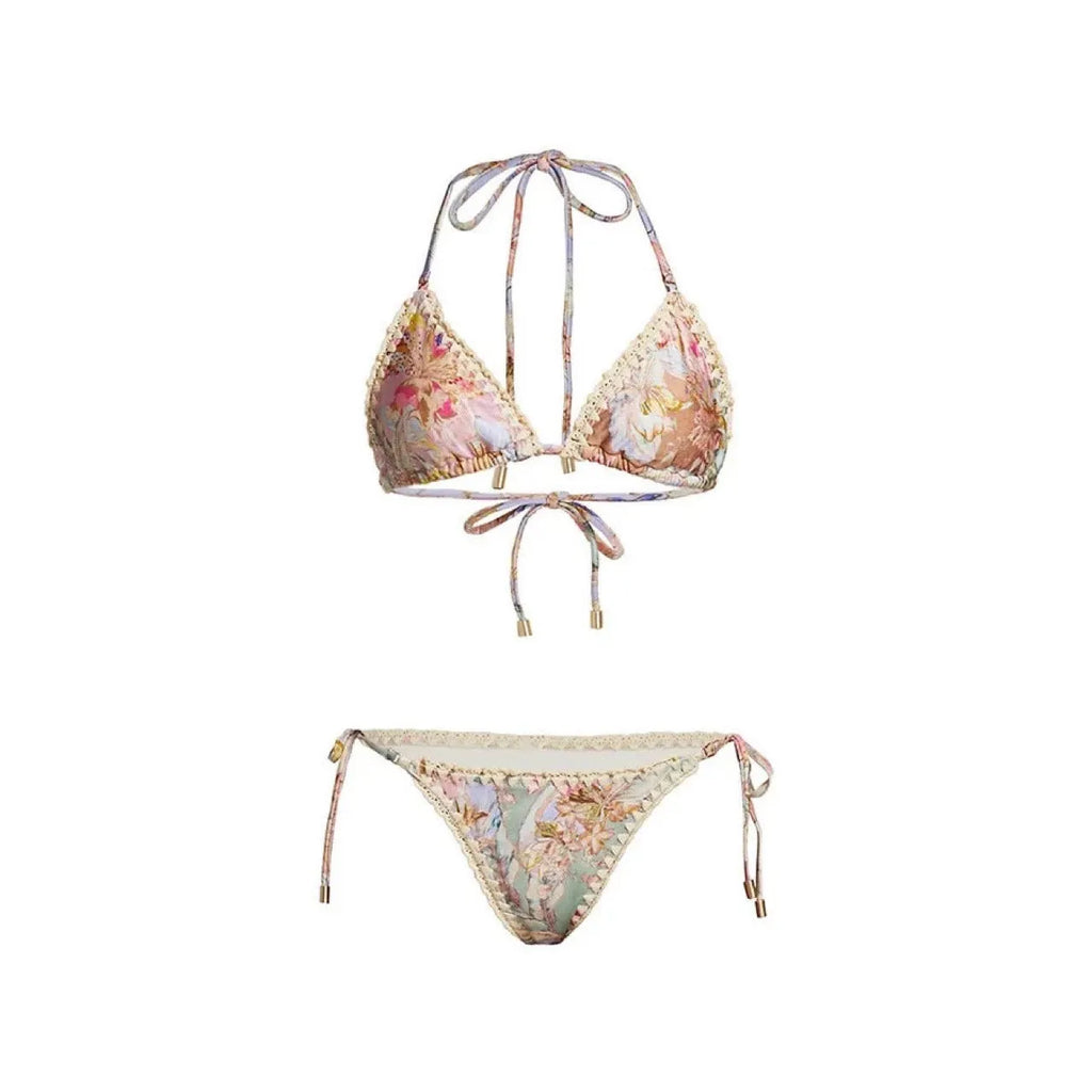 Women's creamy-white floral bikini suit with skirt for beach swimming
