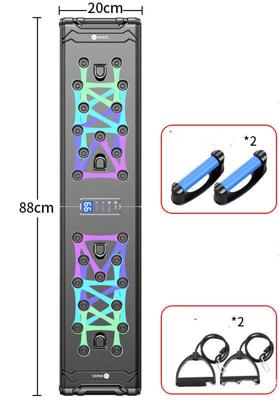 Black multifunctional push-up board with ABS plastic frame and TPE soft grips, 87cm x 43cm x 20cm