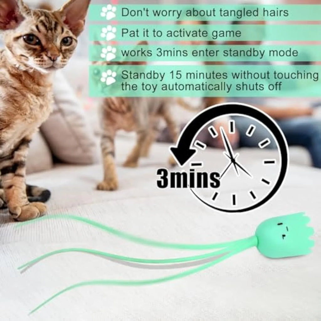 Green automatic cat wand toy with rotating silicone tails on a 38cm long wand for indoor cats