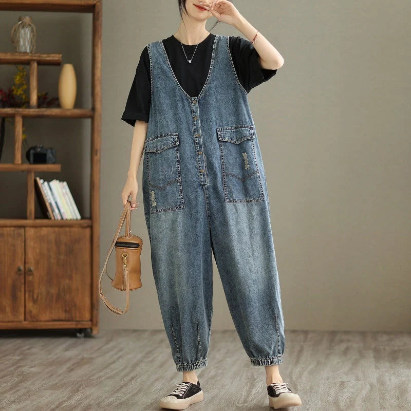 Women's denim tank top jumpsuit with Hong Kong breeze style and relaxed fit