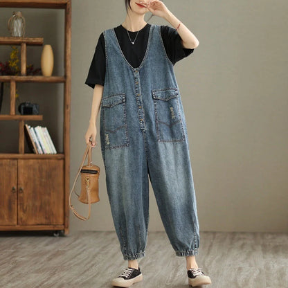 Women's denim tank top jumpsuit with Hong Kong breeze style and relaxed fit
