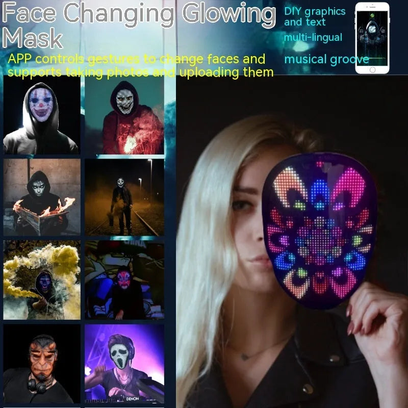 LED luminous face changing mask with colourful display and pre-cut eyeholes
