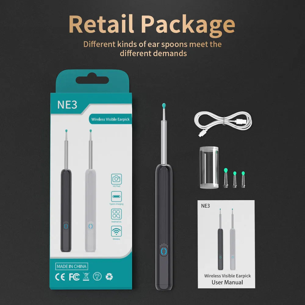 Natfire NE3 wireless otoscope ear cleaner with camera, charging cable, and spoon heads on a white background.