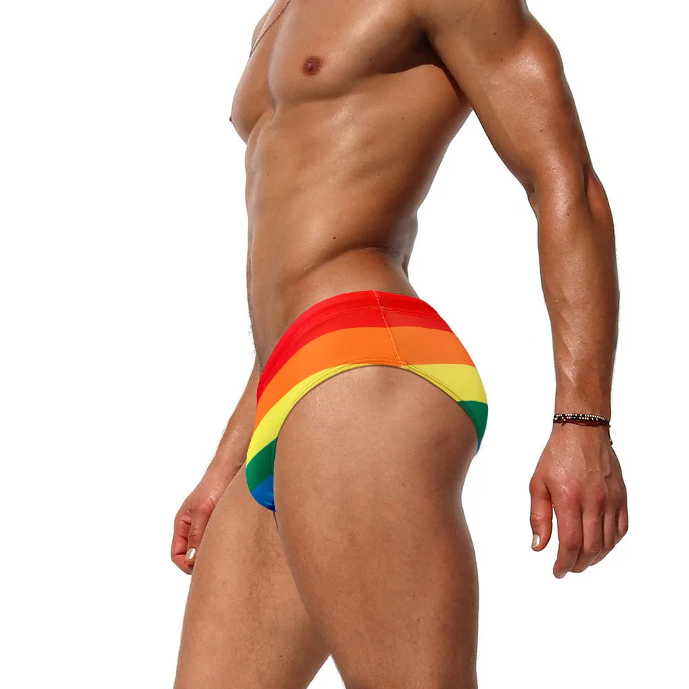 Rainbow striped nylon men's swimming trunks stretch briefs for beach wear