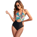 Women's printed patchwork leaf design one-piece swimsuit in nylon spandex fabric