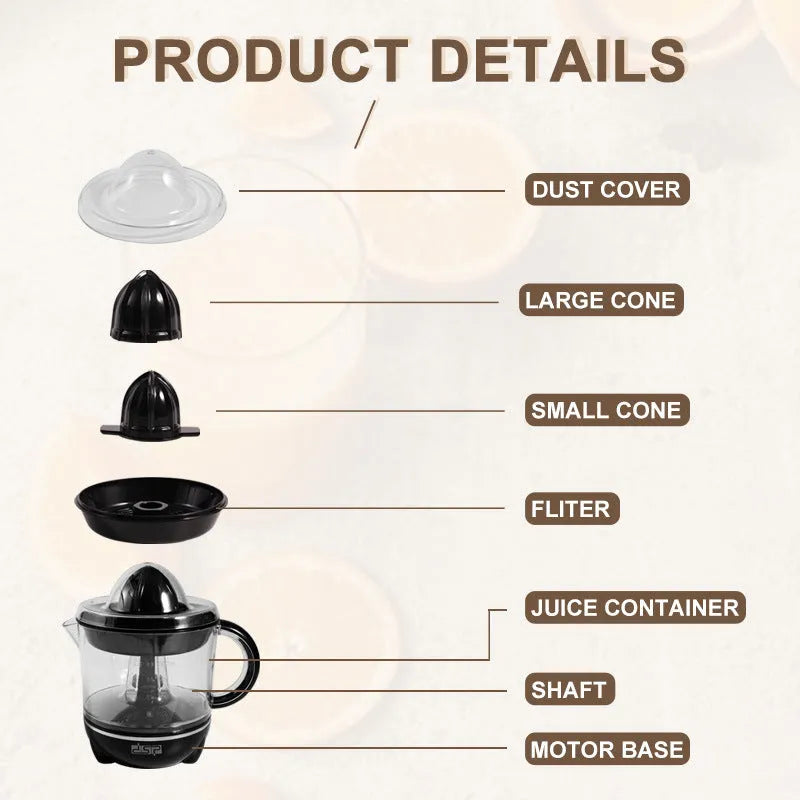 Black manual orange juice extrusion juicer with 0.7L capacity and ABS construction on a kitchen counter