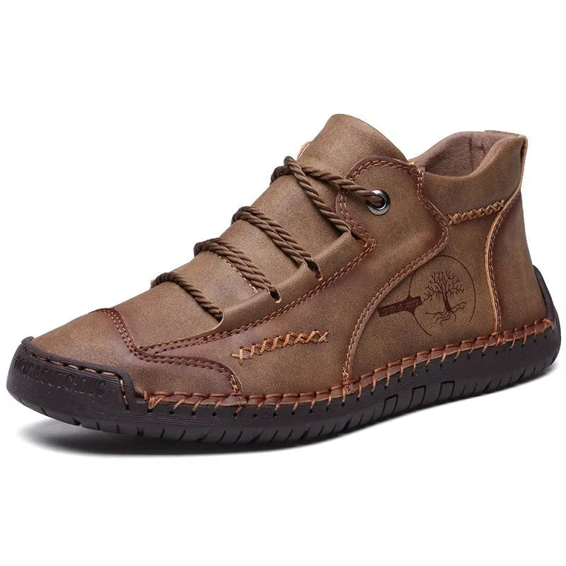 Men's brown leather high-top boots with lace-up front and flat rubber sole