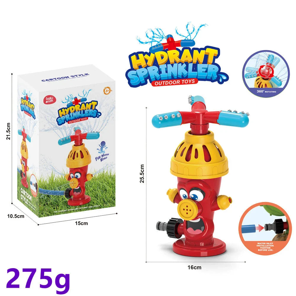 Colorful outdoor sprinkler toy with various water spray designs for backyard summer fun