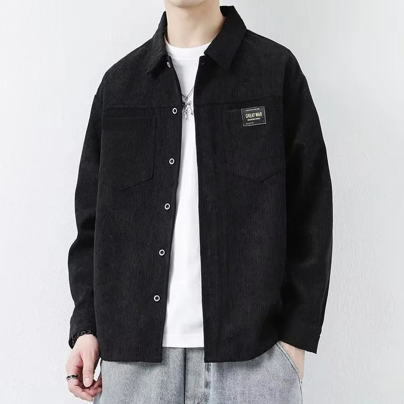 Men's long-sleeved corduroy jacket in cardigan style shown in khaki colour.