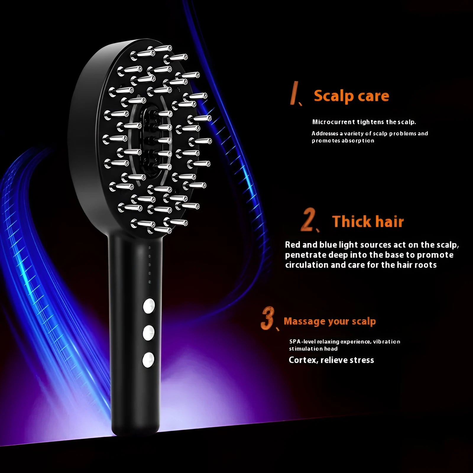 KD3802 Black coloured handheld scalp massager with vibration function and USB charging cable.