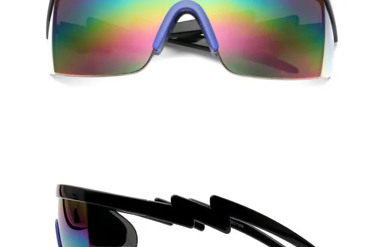 Sports sunglasses with curved foot piece design showing colourful film lenses and UV400 protection in PC frame