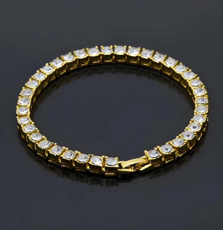 Gold iced hip hop bracelet with AAA rhinestone geometric chain, 5mm width 8 inch length on wrist