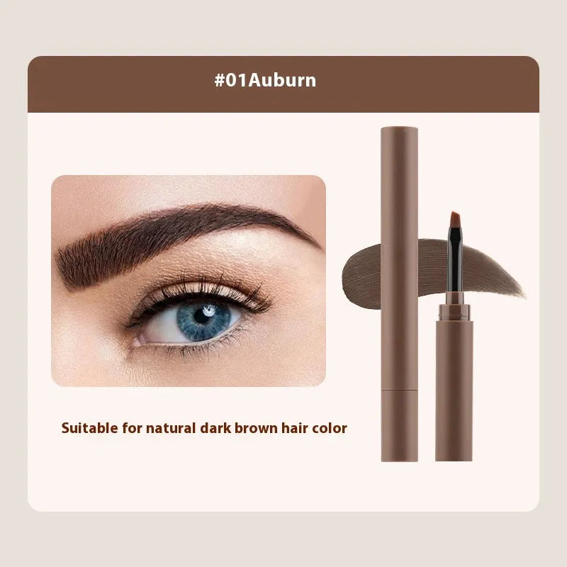 Dual-ended eyebrow makeup stick with cream pencil and powder in a case, shown in one of five natural shades.