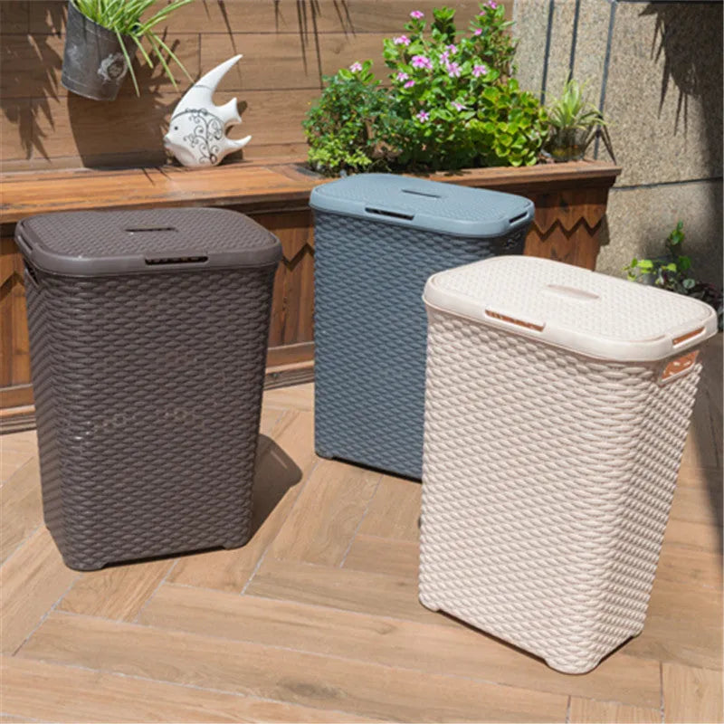 Plastic rattan woven laundry basket in beige color 44x34x62cm polypropylene
