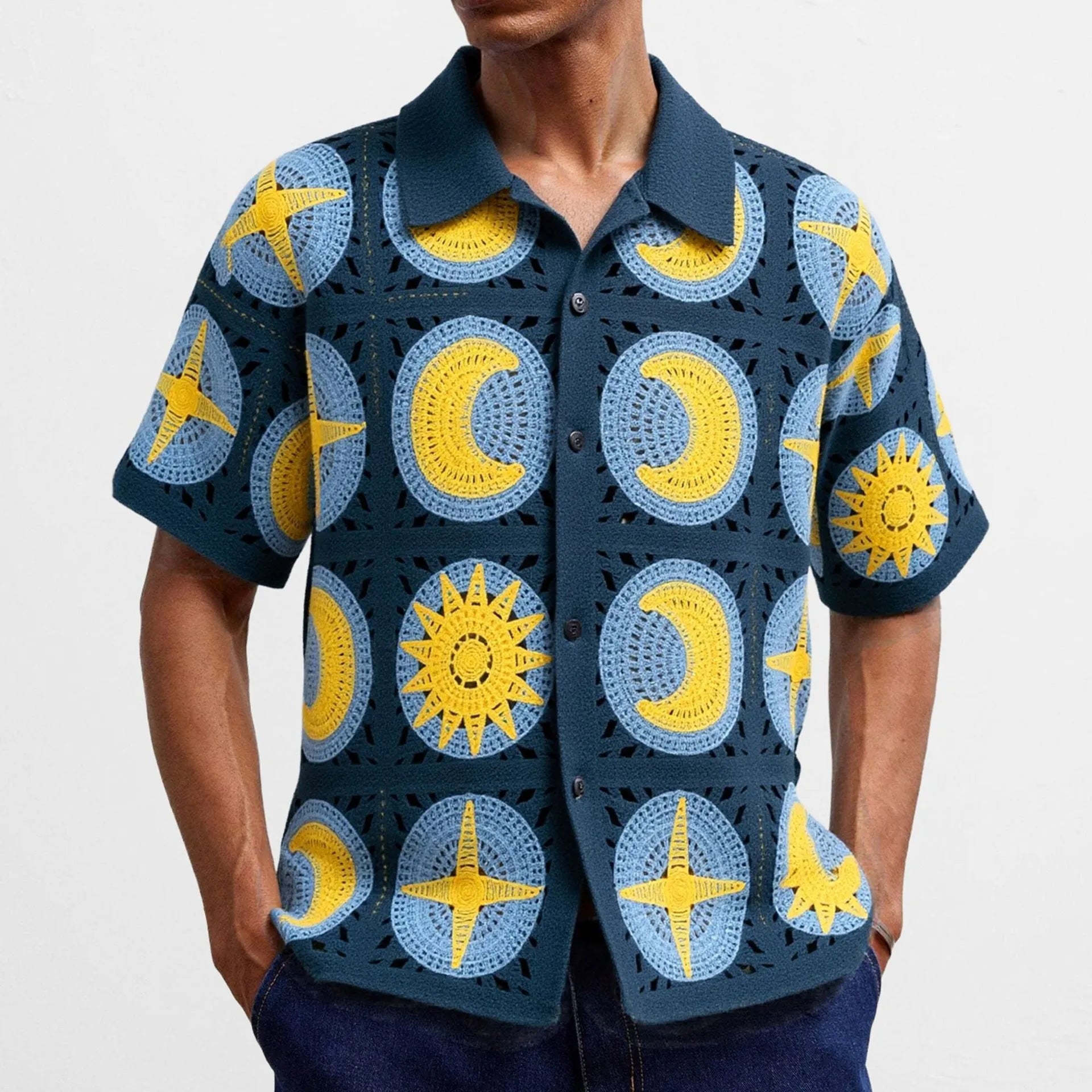 Men's navy blue short-sleeve cardigan sweater with a thin acrylic fabric and a flocking cartoon pattern detail.
