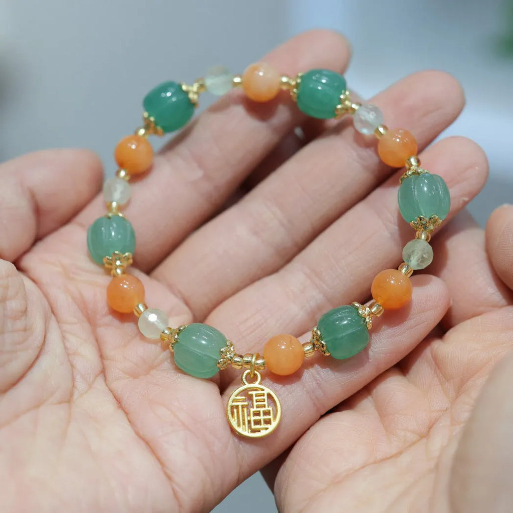 Chinese style Duobao pumpkin bracelet made from Jinsi Jade barrel beads with Prehnite stone, sized for 14-16.5cm wrists.