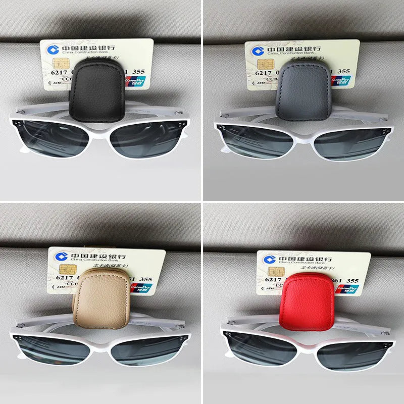 PU leather car sunglasses clip holder attached to vehicle sun louver for glasses storage