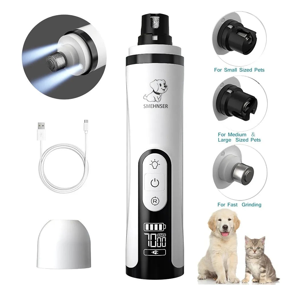 Black automatic electric nail trimmer for dogs with speed settings and LED display.