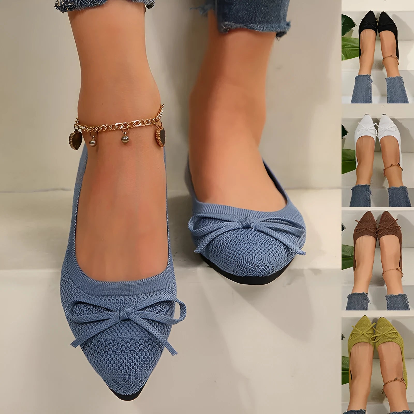 Women's bow-detailed knitted loafers with pointed toe and flat heel in multiple colour options
