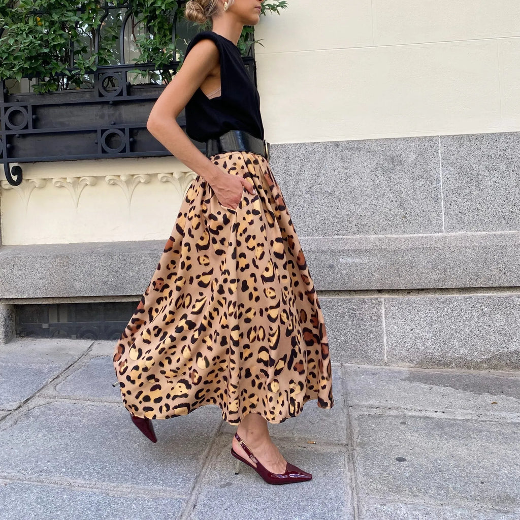 Brown leopard print women's A-line long skirt with an elasticated waistband.