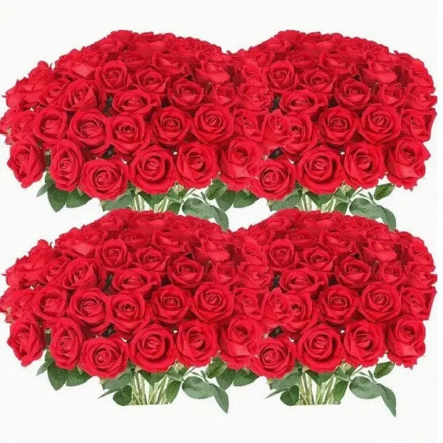 Artificial silk flower bouquet in red and white with plastic stems for home outdoor decoration