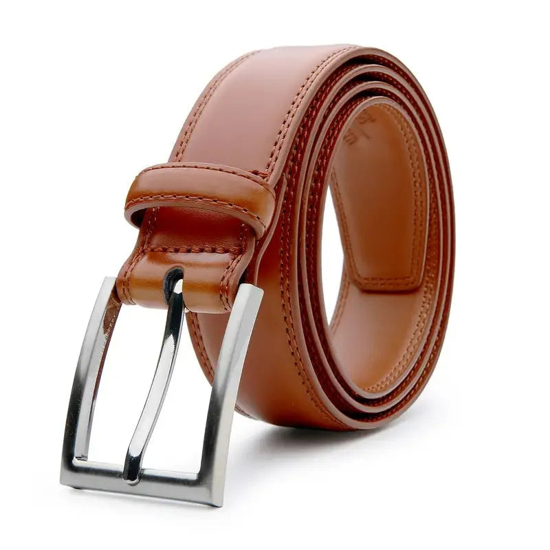 Men's brown genuine leather belt with 95 grain texture and alloy metal buckle laid flat.