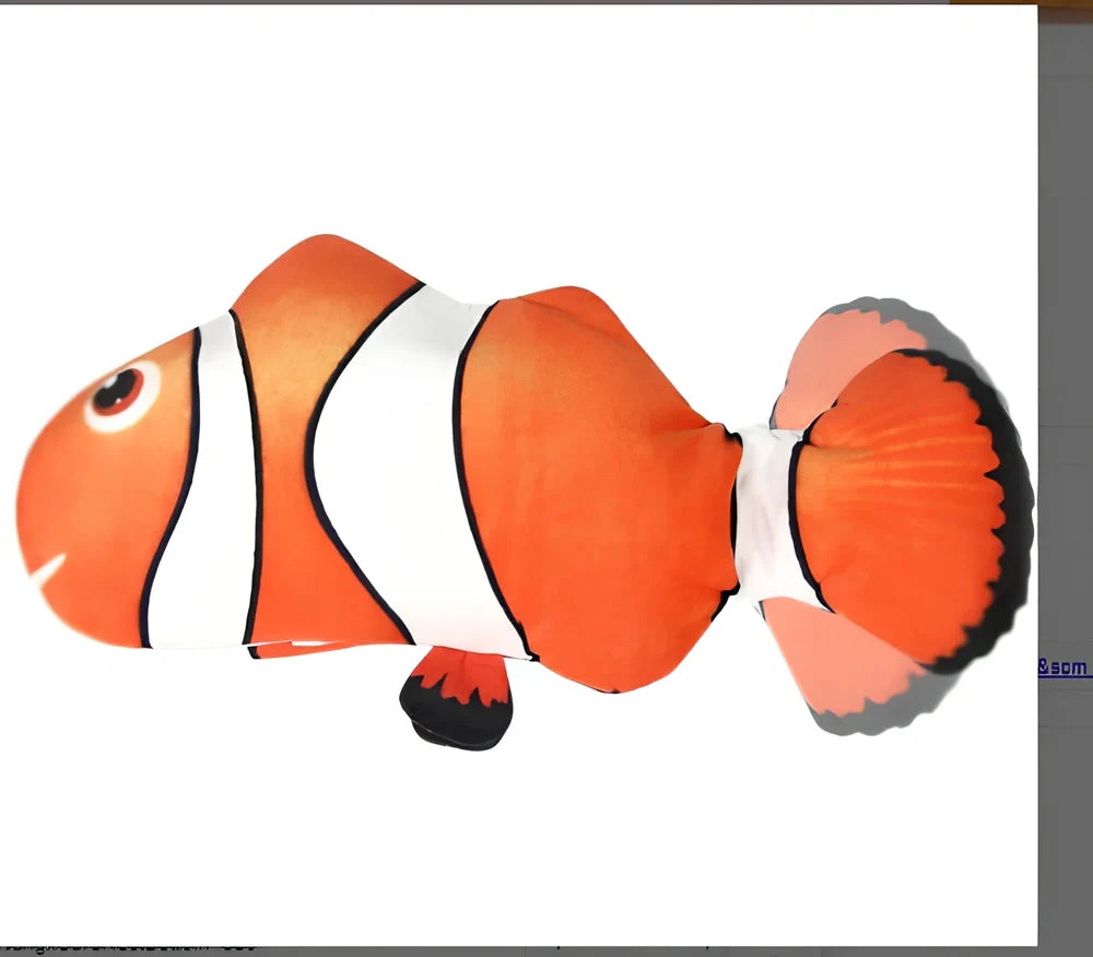Electric flopping fish cat toy in clownfish design, 30cm long, USB rechargeable with touch sensor for play activation