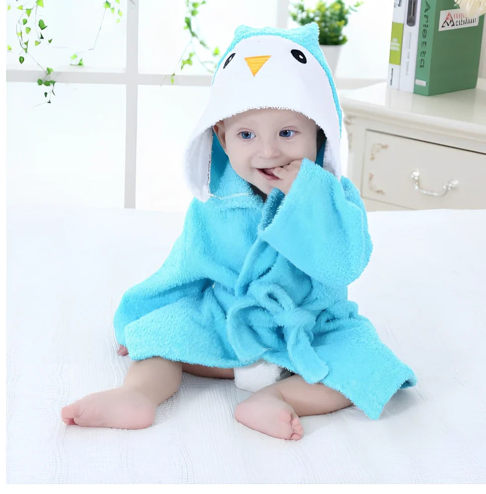 Children's hooded absorbent bathrobe in mouse pattern, cotton fabric, size S 47cm length for 0-18 months