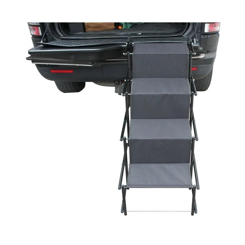 Folding stainless steel dog ladder in choice of colours showing four-step design for vehicle access