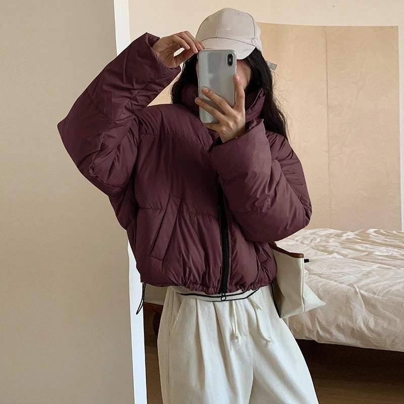 Stand collar short cotton-padded coat for women in slim fit design, available in four colours