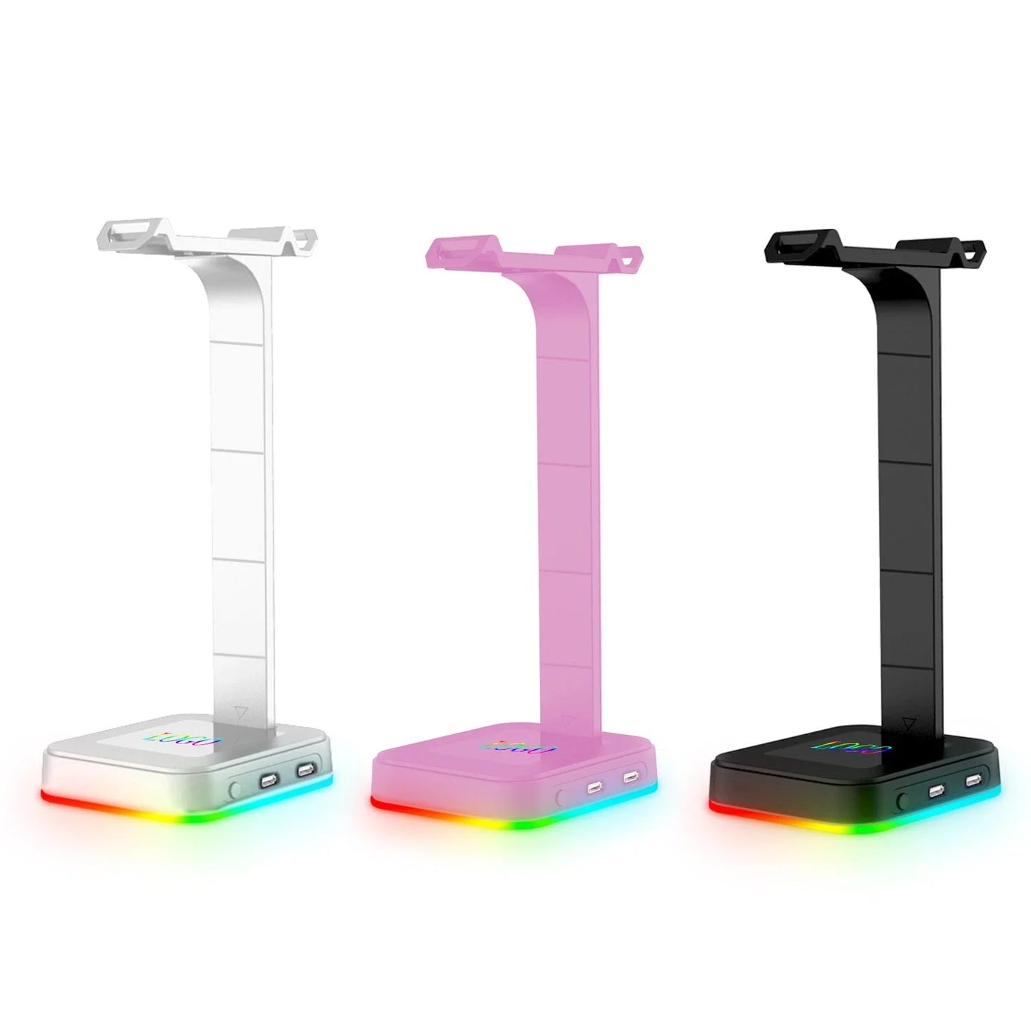 Sleek RGB headphone stand with power strip and charging ports for organized and customizable gaming setup