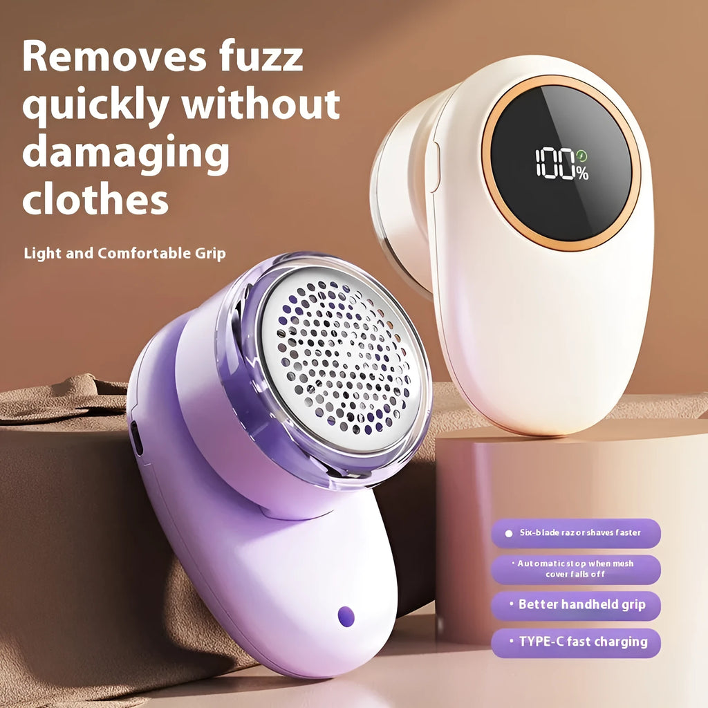Digital display lint roller and fur ball trimmer in beige or purple with optional cutter heads.