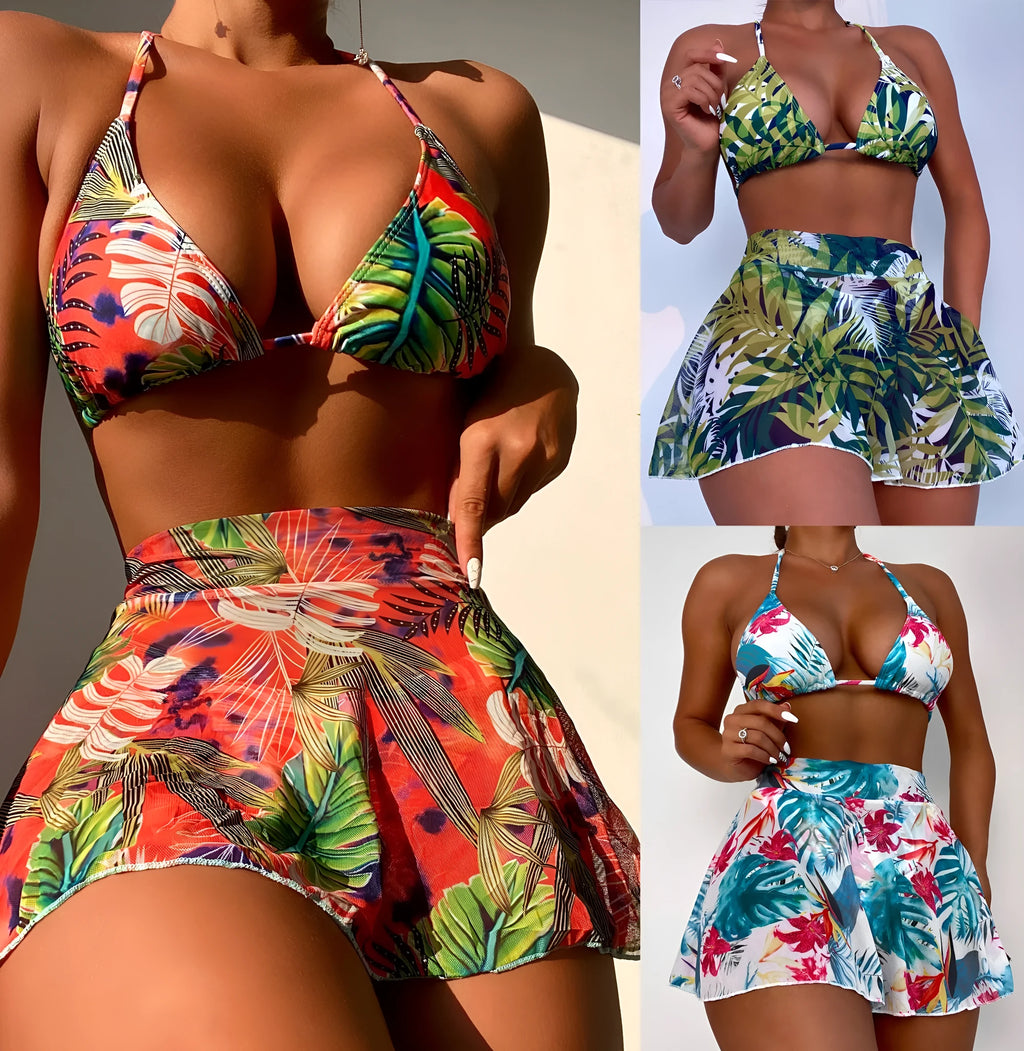 Big flower leaf printed three piece swimsuit bikini set in green colour with bra pants and skirt
