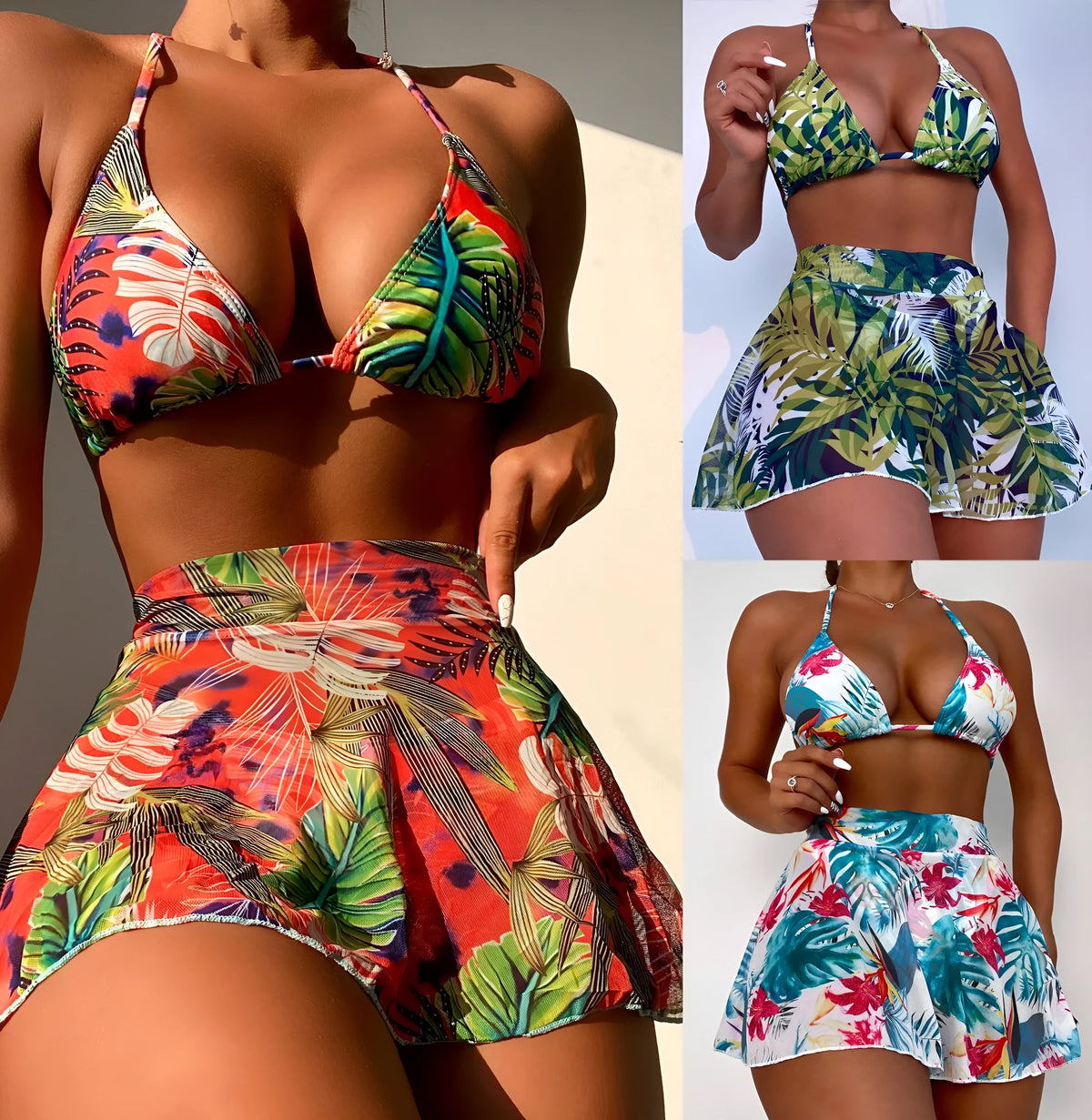 Big flower leaf printed three piece swimsuit bikini set in green colour with bra pants and skirt