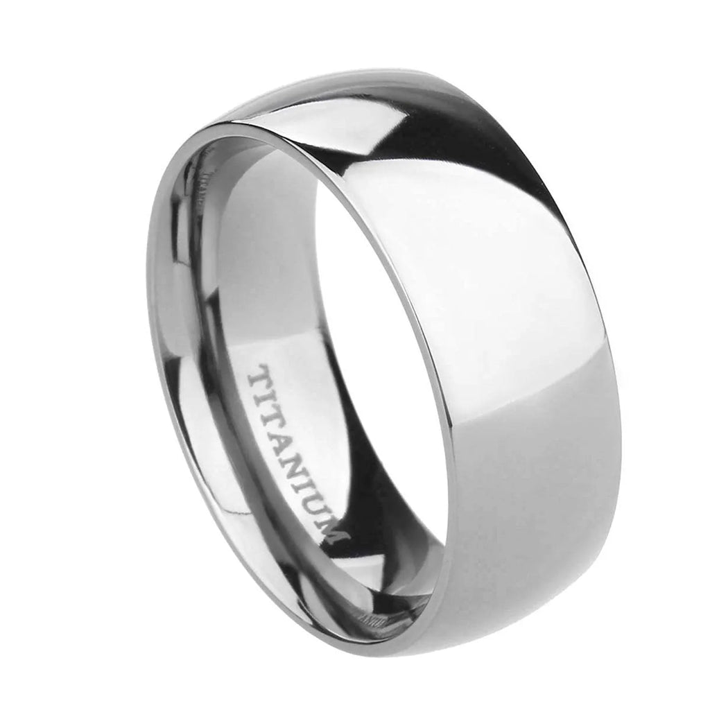 Simple silver titanium steel ring shown in various widths on a size chart.