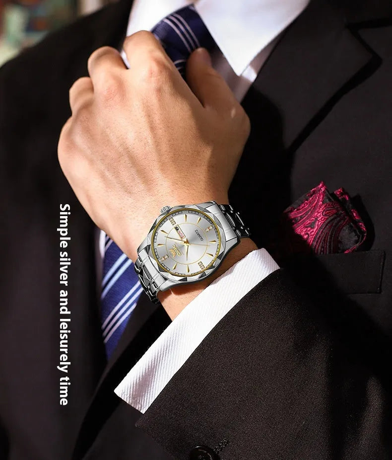 Stainless steel double calendar men's watch with round dial and metallic strap, gold and white colour option