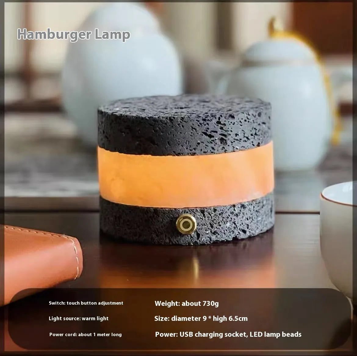 Small orange volcanic rock USB night lamp with warm light, shown next to a USB cable