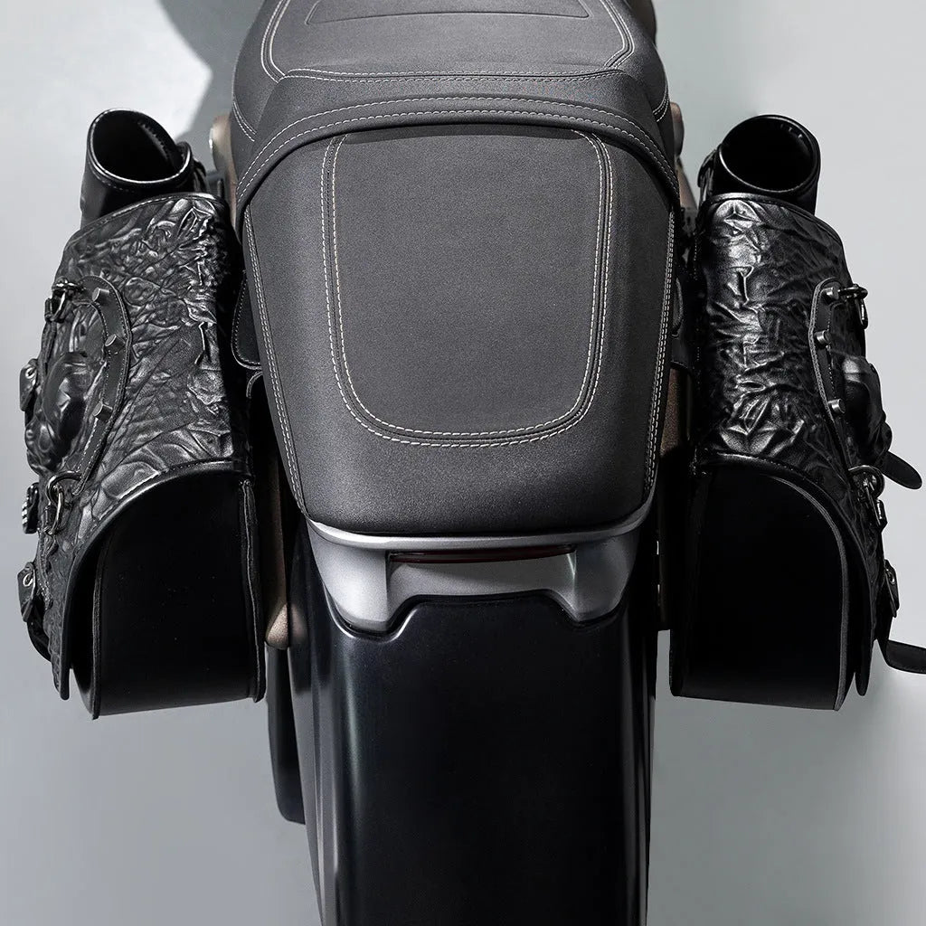 Pair of black PU synthetic leather motorcycle side luggage bags with universal mounting for modified bikes