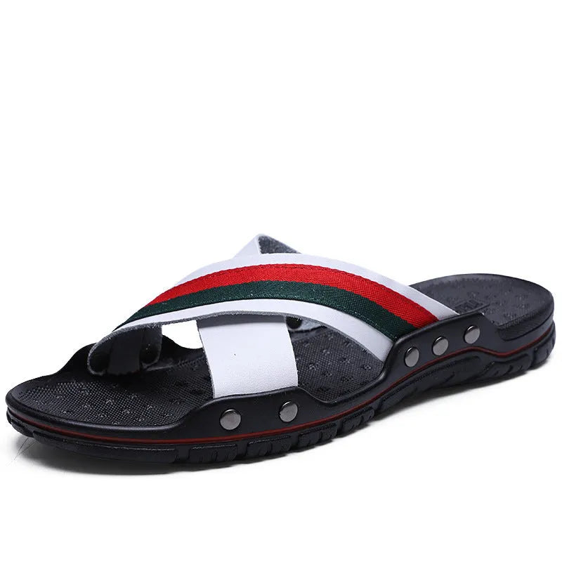 Men's leather flip-flops in black, white or blue with PU sole and wide size range