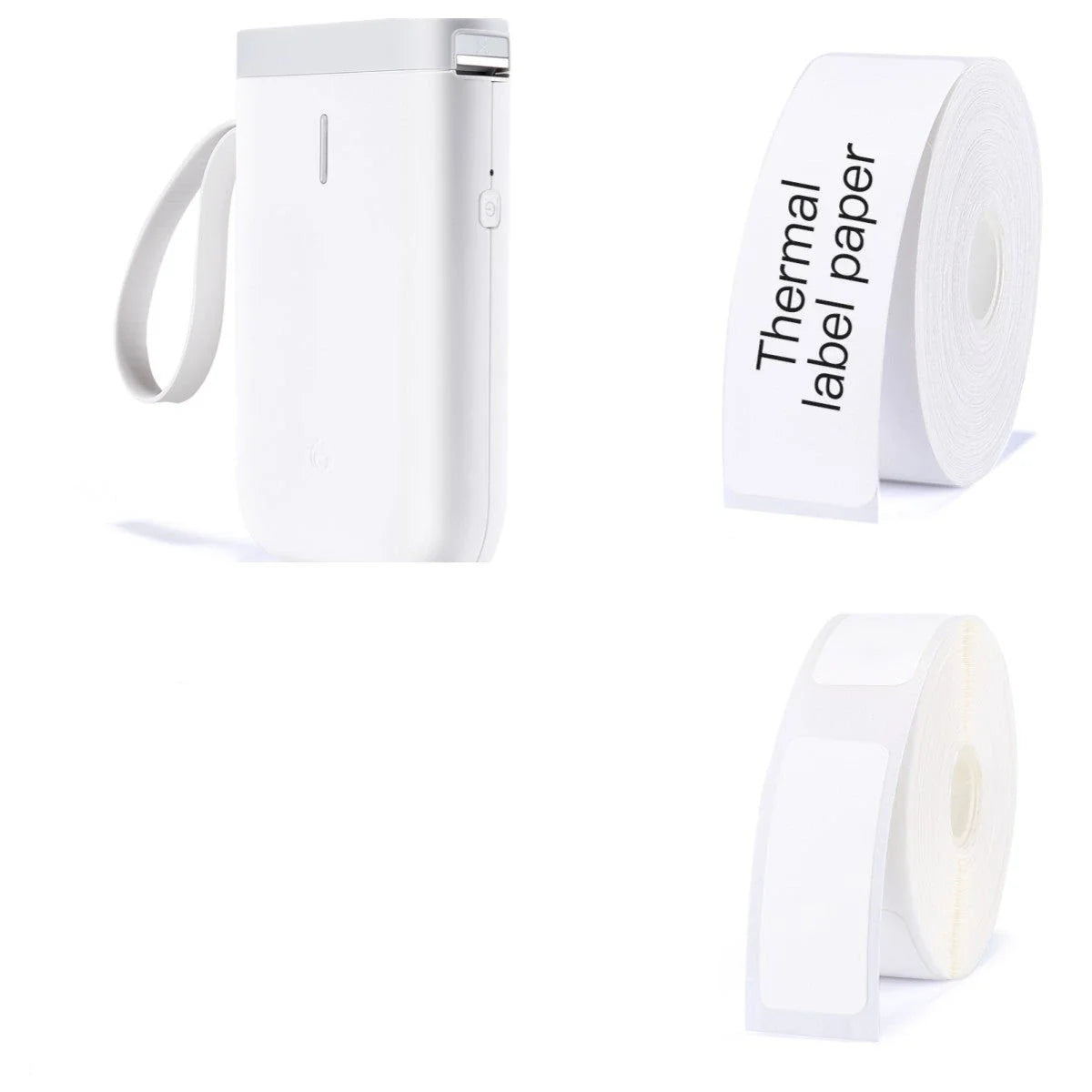 D11 Bluetooth-compatible Label Printer in various colours, showcasing compact design and label examples.