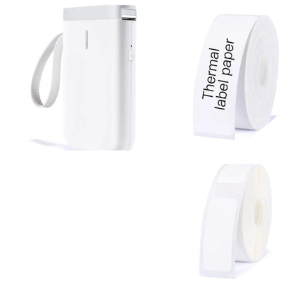 D11 Bluetooth-compatible Label Printer in various colours, showcasing compact design and label examples.