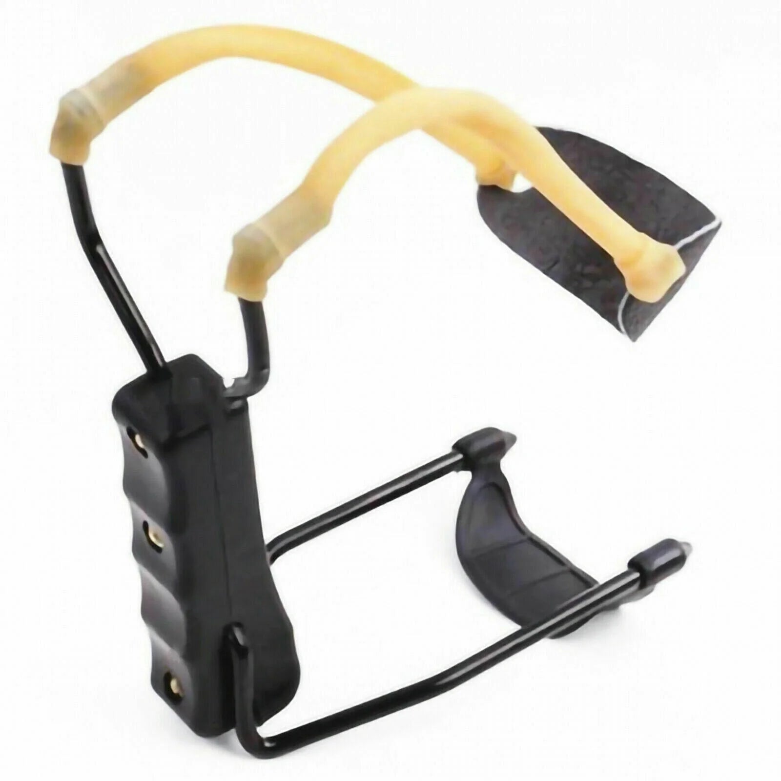Compact folding slingshot with aluminum frame and leather pouch for outdoor sports