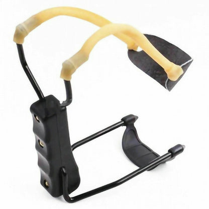 Compact folding slingshot with aluminum frame and leather pouch for outdoor sports