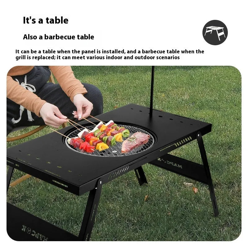 Black folding travel barbecue table with steel construction and choice of round or square cooking surface