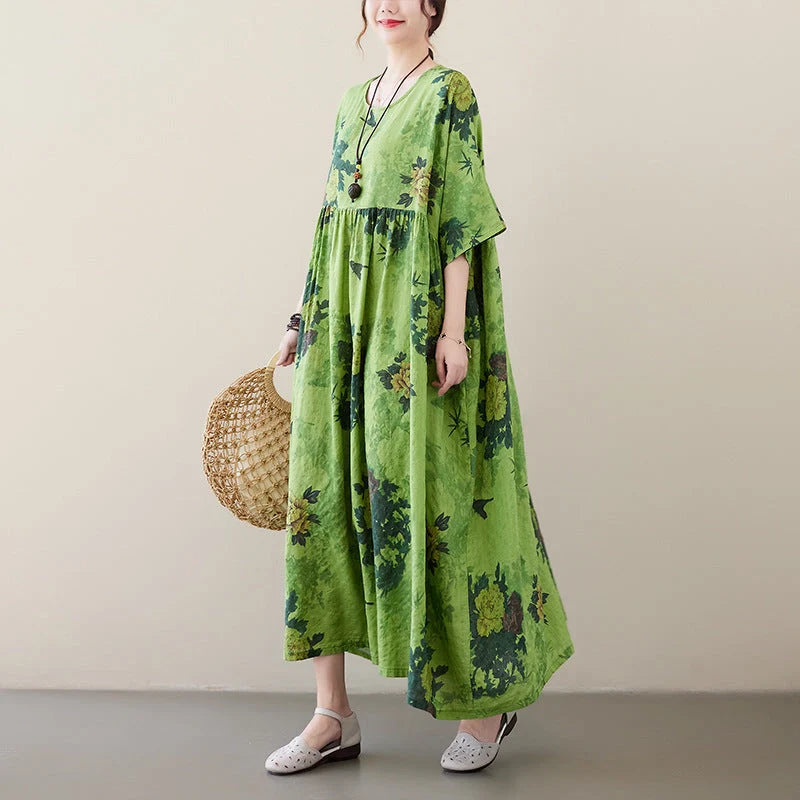 New Renaissance cotton blend round neck dress with large swing skirt in green