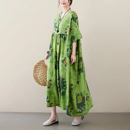 New Renaissance cotton blend round neck dress with large swing skirt in green