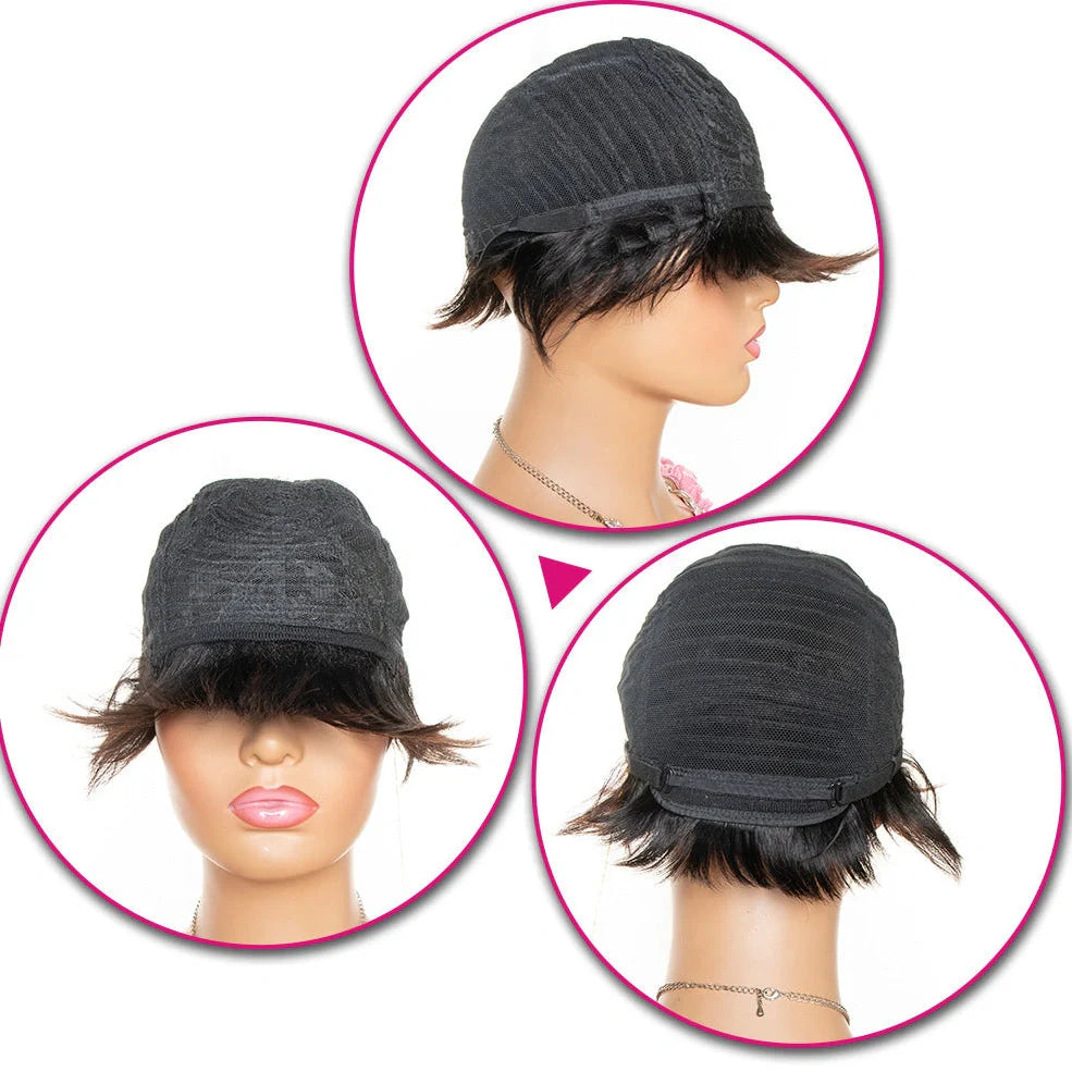 Short black pixie cut human hair wig with bangs on adjustable cap