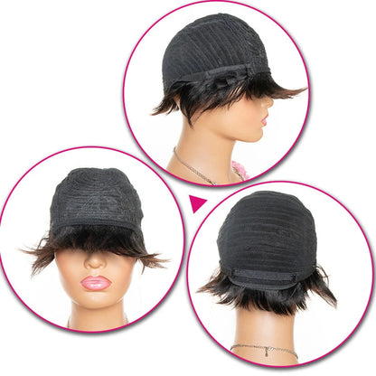 Short black pixie cut human hair wig with bangs on adjustable cap