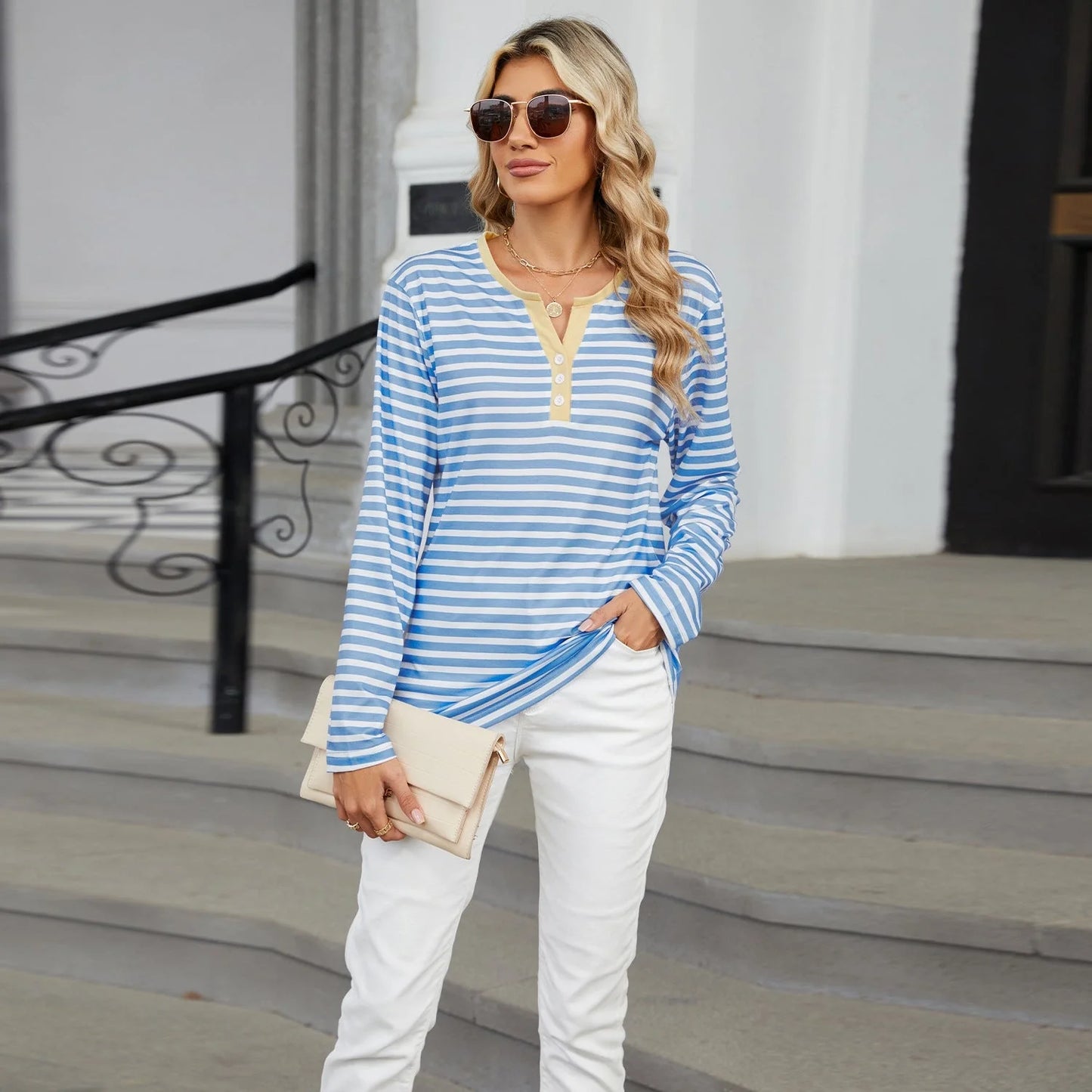 Women's V-neck striped loose long-sleeved t-shirt in various colours